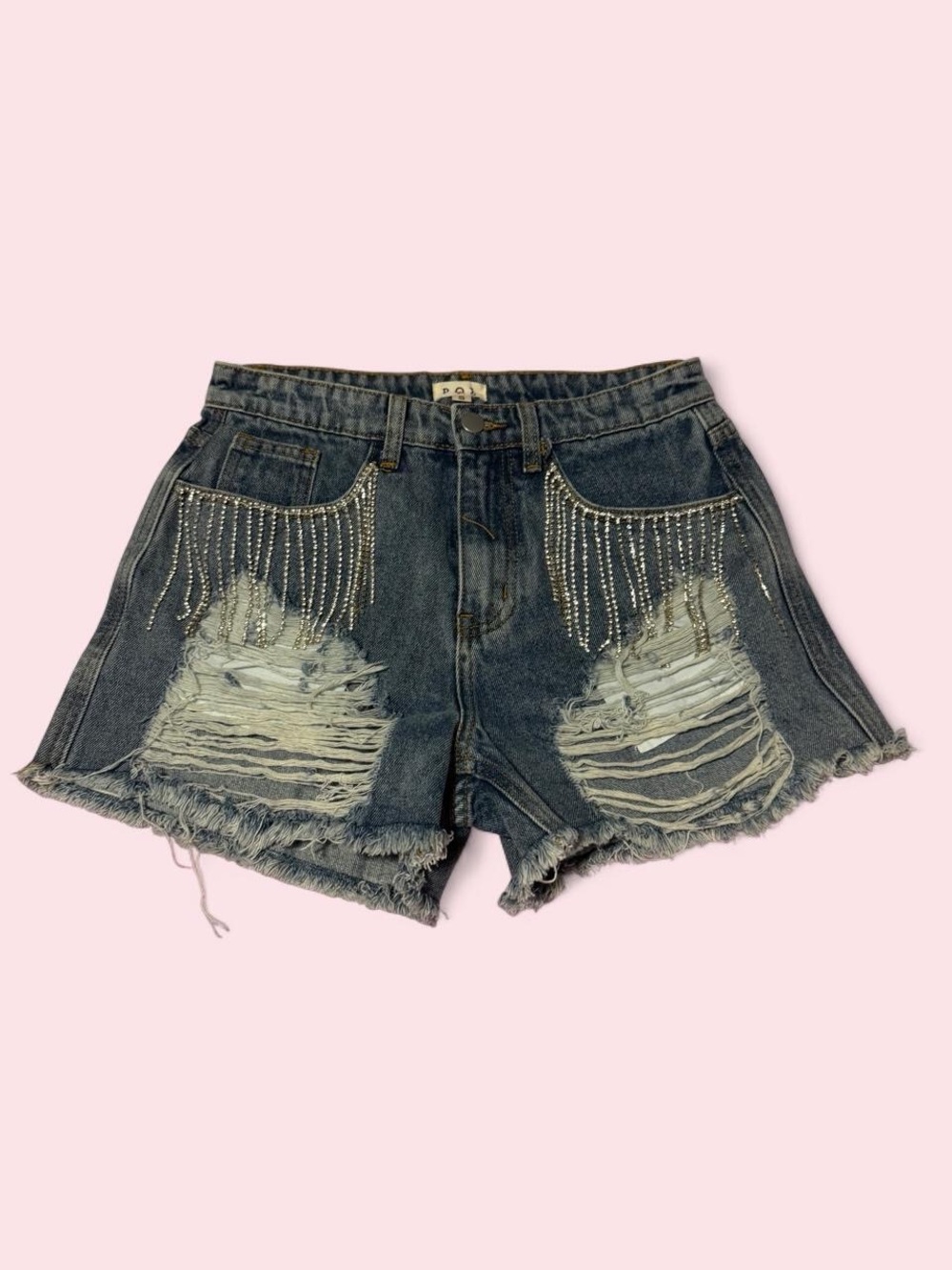 POL Rhinestone Fringe Distressed Denim Shorts - Dark Blue